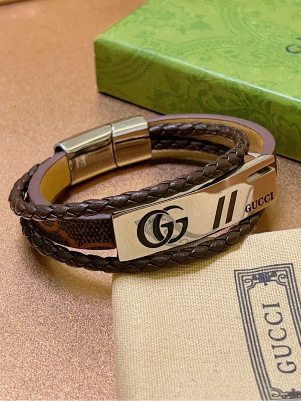 Gucci Brown Braided Leather Double Wrap Bracelet - Picture 1 of 6